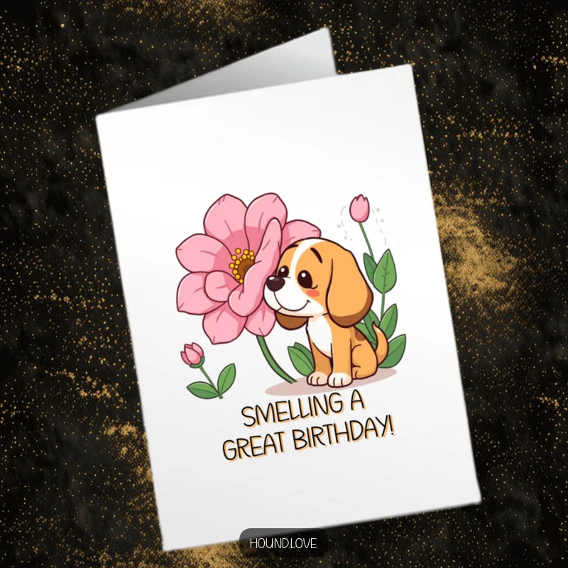 Funny Free Printable Birthday Card: Hound dog curiously sniffing a giant, fragrant flower with a happy expression.