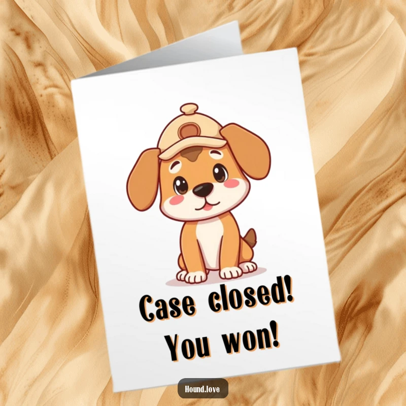 Funny Free Printable Congratulations Card: Hound in a detective hat, posing curiously, celebrating a successful outcome.