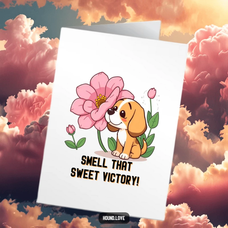Funny Free Printable Congratulations Card: Hound dog sniffing a giant flower, conveying sweet, happy congratulations.