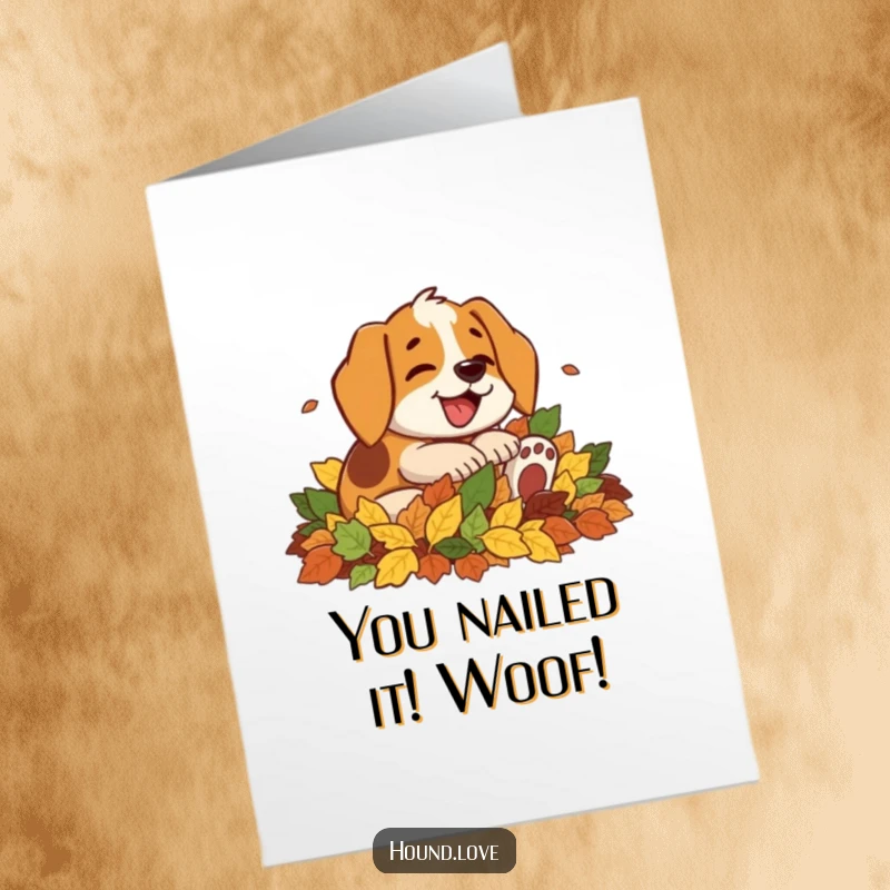 Funny Free Printable Congrats Card: A joyful hound dog with a happy expression rolling in a vibrant mound of fallen leaves.