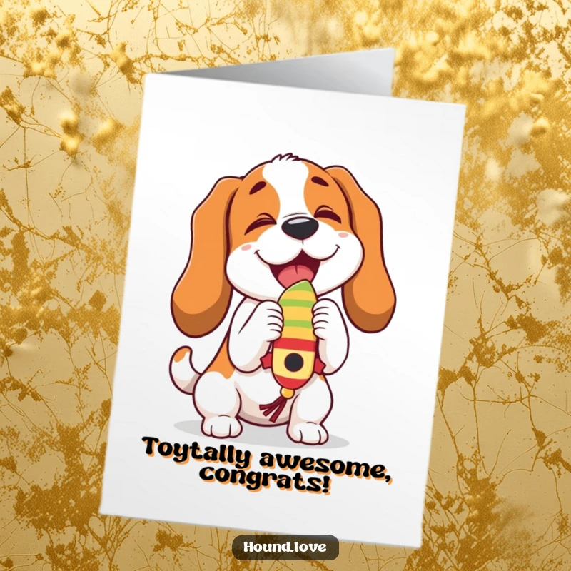 Funny Free Printable Congrats Card: A hound dog eagerly butting a dangling, wiggling toy with pure joy.