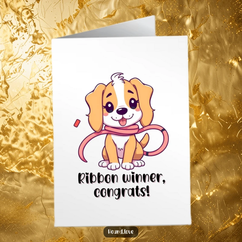 Funny Free Printable Congrats Card: A hound dog looking charmingly confused, playfully tangled in a long flowing ribbon.