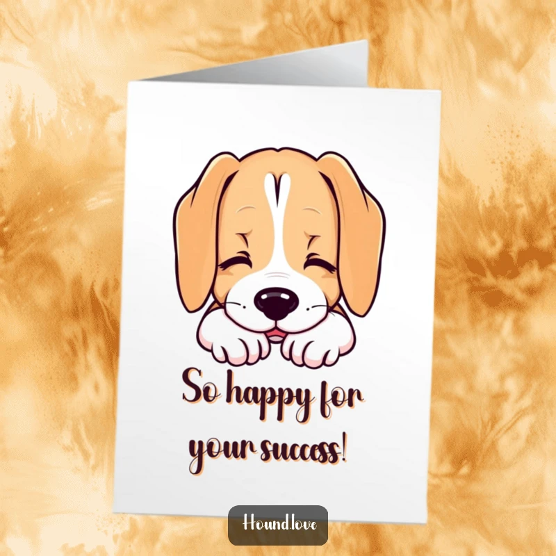 Funny Free Printable Dog Congratulations Card: Content hound resting chin with a sigh, relaxed after success. Calm downloadable card.
