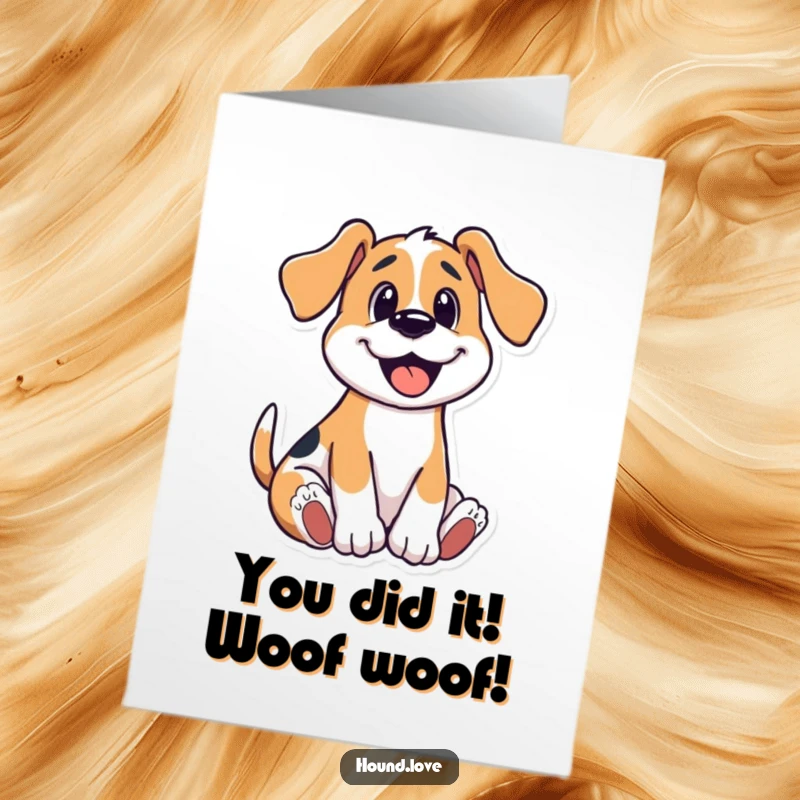 Funny Free Printable Dog Congratulations Card: Playful hound wriggling with happiness, celebrating your success. Enthusiastic downloadable card.