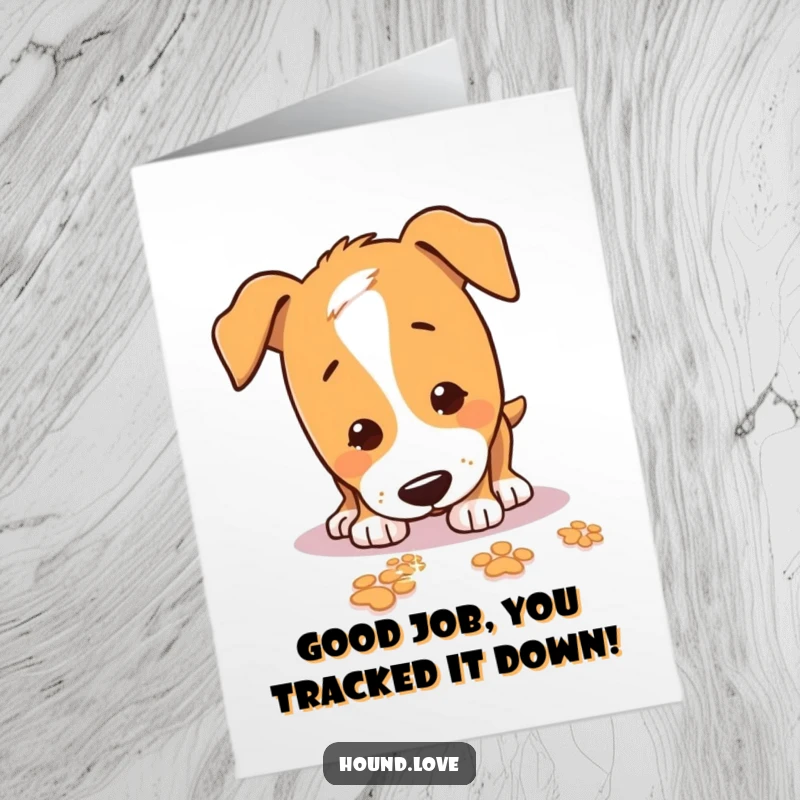 Funny Free Printable Congratulations Card: Playful hound with nose down, sniffing a sparkling trail of paw prints, celebrating success.