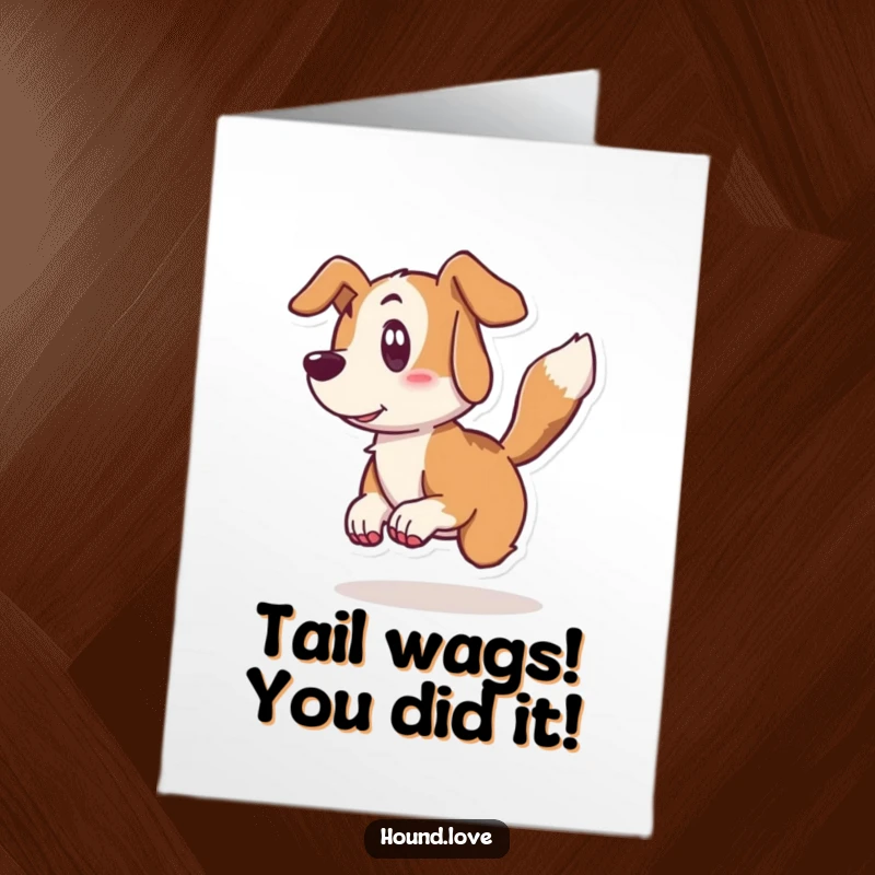 Funny Free Printable Congratulations Card: Hound surprised by its own wagging tail, expressing excited congratulations, downloadable art.