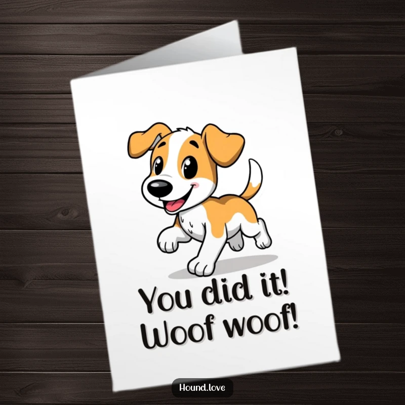 Funny Free Printable Congratulations Card showing a happy hound doing a comical trot with its tail wagging, bestowing good wishes.