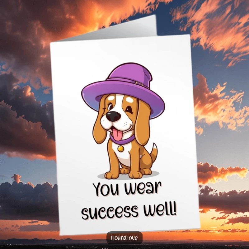 Funny Free Printable Congratulations Card: Hound dog comically straining to wear a large, colorful hat, celebrating big.