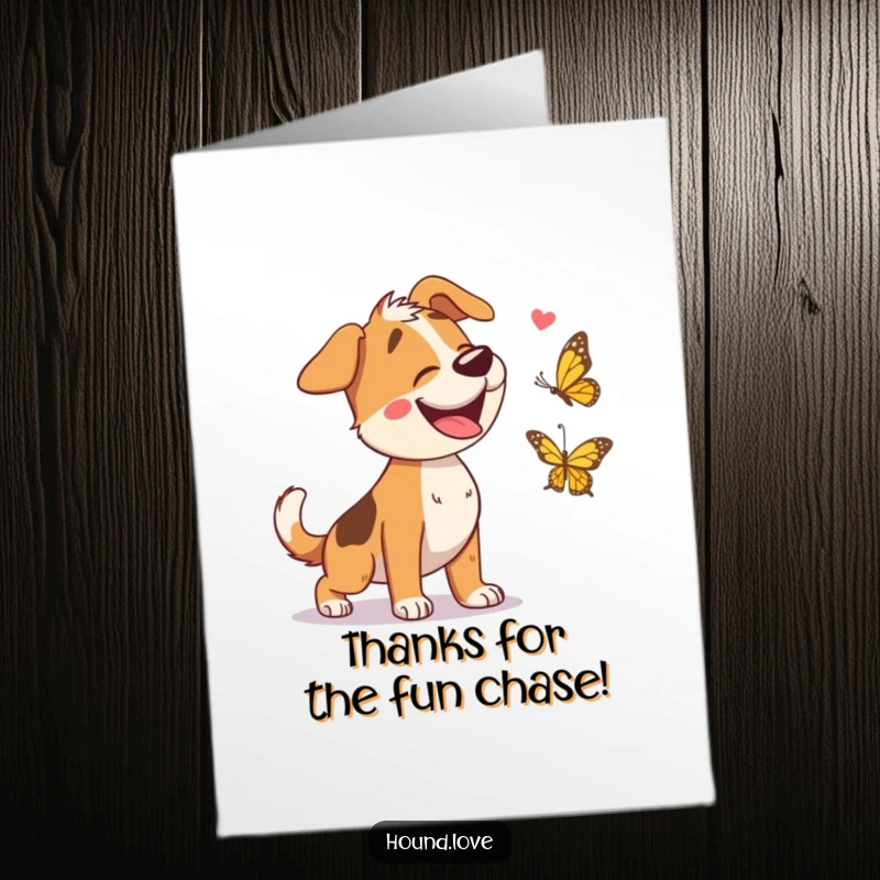 Funny Free Printable Thank You Card depicting a happy hound with a butterfly, ideal for expressing gratitude humorously.