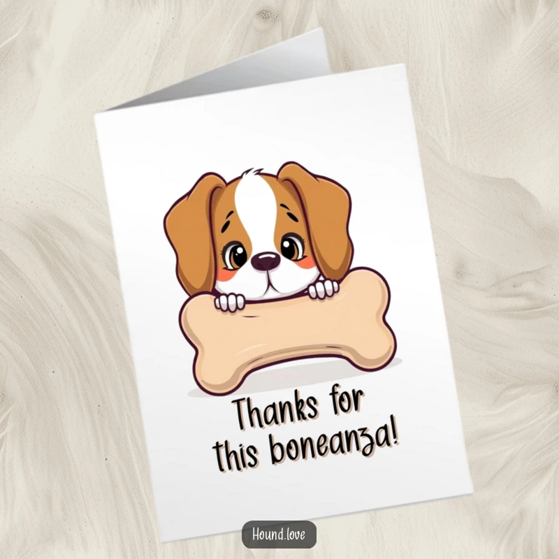 Funny Free Printable Thank You Card: A hound peeks with curiosity from behind a giant talking bone, conveying thanks playfully.
