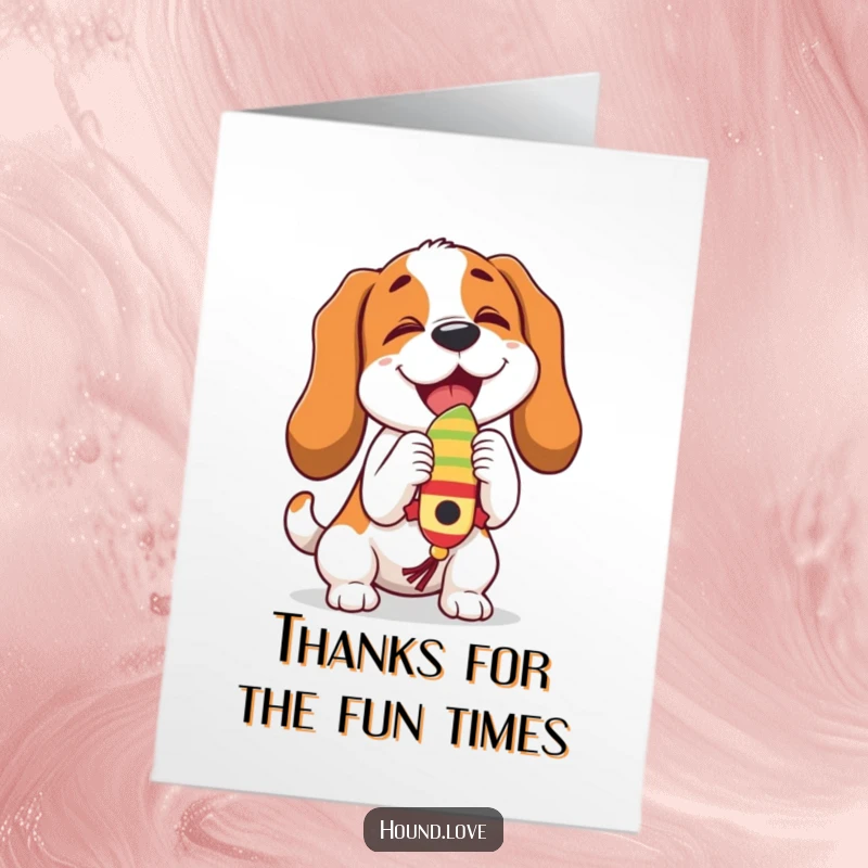 Funny Free Printable Thank You Card: A joyful hound playfully butting a dangling, wiggling toy, showing excitement.