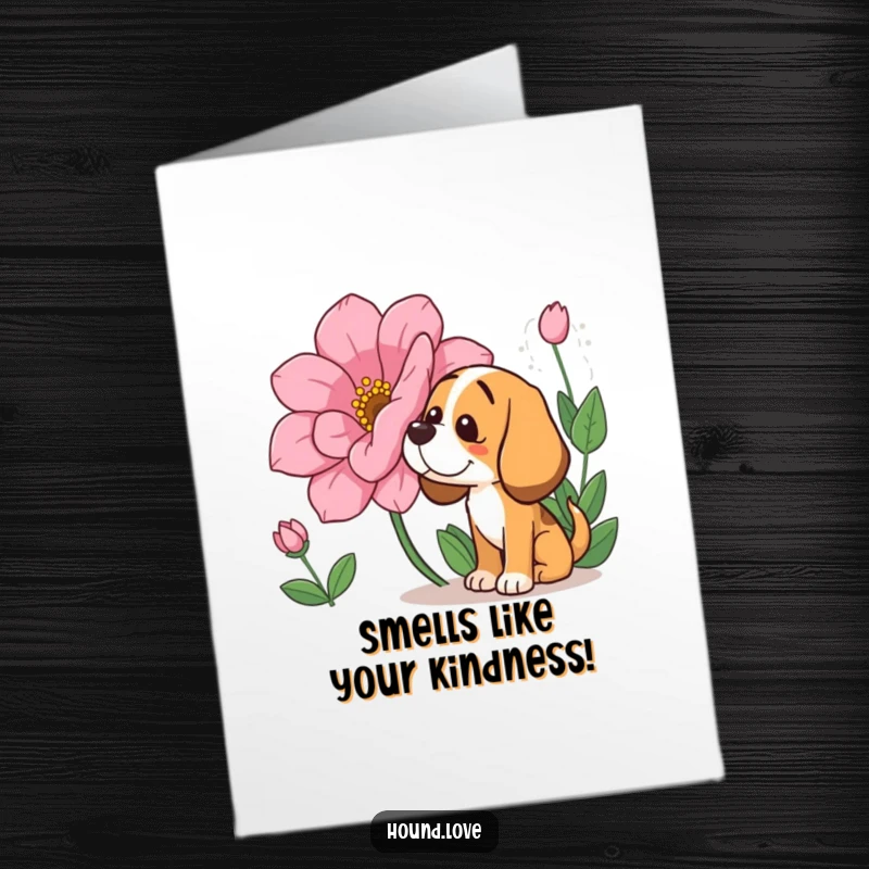 Funny Free Printable Thank You Card: Hound dog happily sniffing a giant flower, a unique thank you.