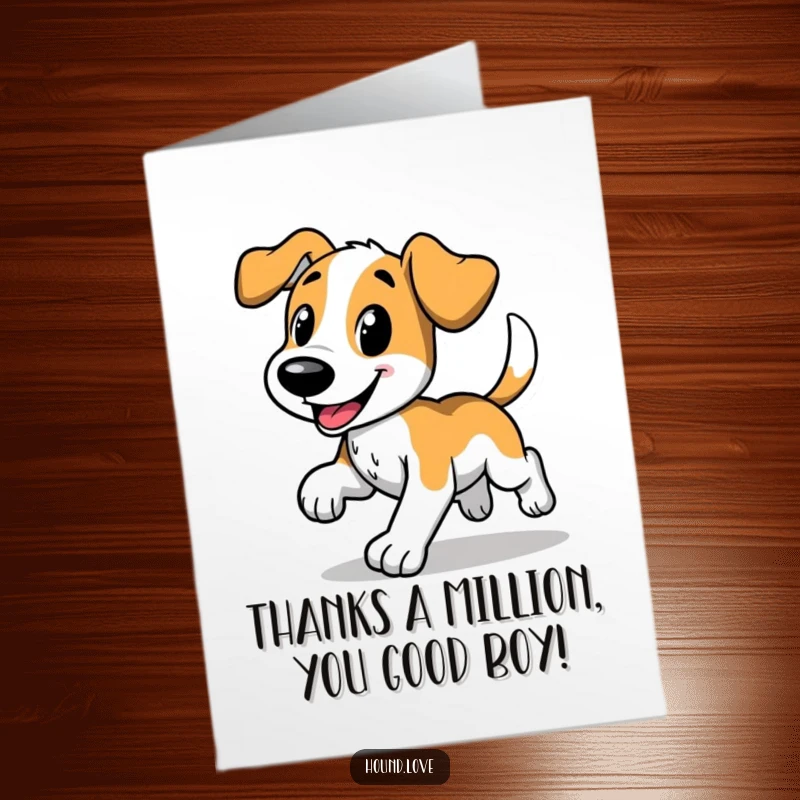 Funny Free Printable Thank You Card featuring a happy hound with a wagging tail, doing a comical trot to express thanks.