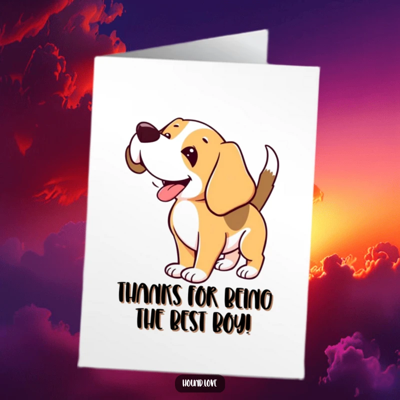 Funny free printable thank you card: a happy hound with floppy ears, wagging tail, sniffing air with gratitude.