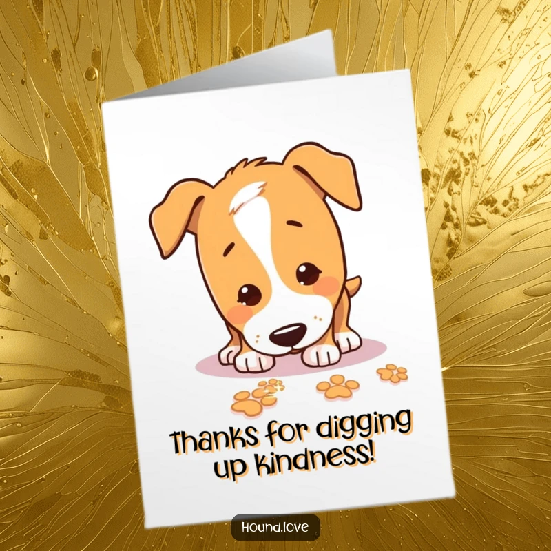 Funny Free Printable Thank You Card: Excited hound sniffing a trail of sparkling paw prints, ready to express heartfelt thanks.