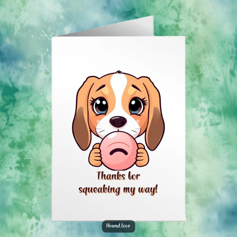 Funny Free Printable Thank You Card of a hound with large, curious eyes peeking from behind a squeaky toy, conveying thanks adorably.