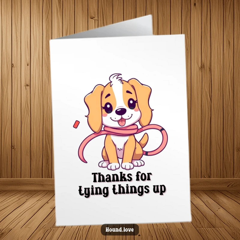 Funny Free Printable Thank You Card: A happy hound character playfully entangled in a long, decorative flowing ribbon.