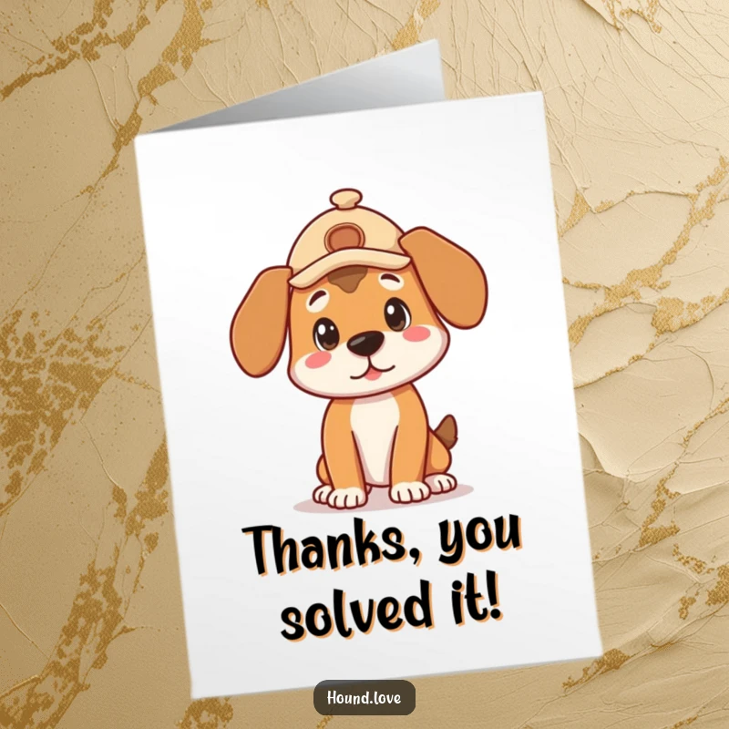 Funny Free Printable Thank You Card: Cute hound wearing a detective hat, in a curious pose, conveying thanks.