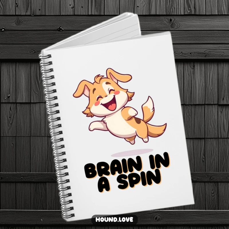 Funny notebook with a gleeful hound character spinning joyfully with its tail wagging furiously, perfect for happy notes.
