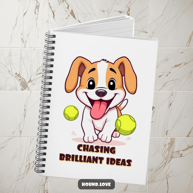 Funny Hound Notebook: Grinning hound chasing a tennis ball, ideal for capturing thoughts with canine-themed humor.