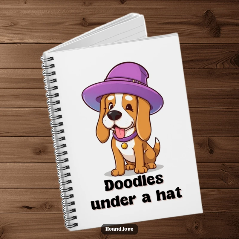 Funny Notebook: A dog character humorously trying to wear an oversized hat, a funny and inspiring image for journaling and creative writing.