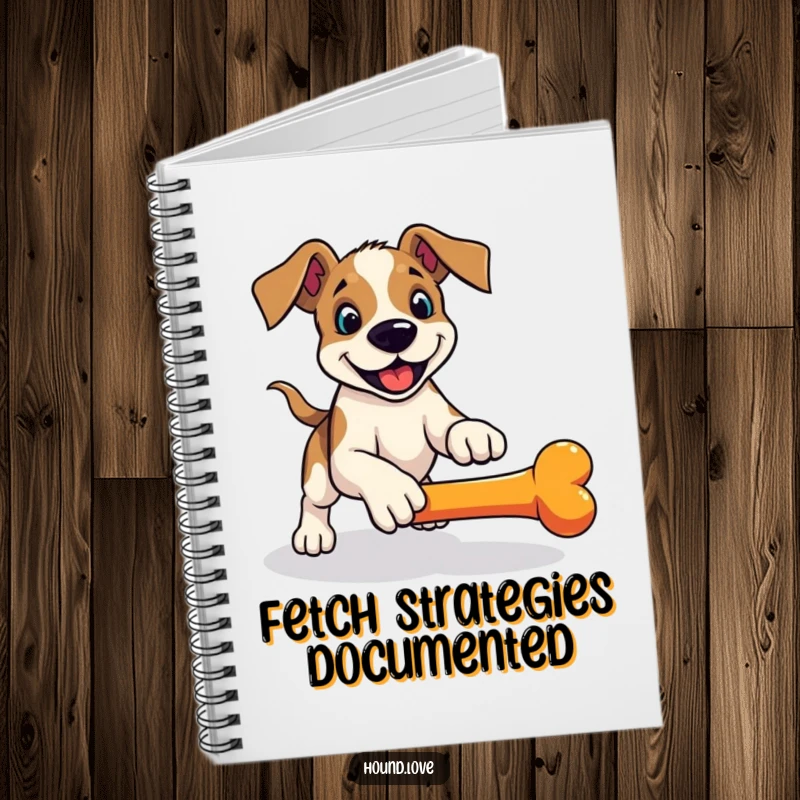 Funny hound notebook, a playful dog in a pounce ready to fetch a rolling bone, great for writing.