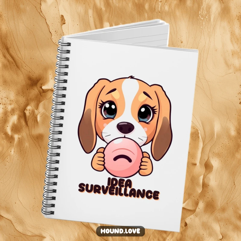 Notebook cover featuring a funny hound dog with enormous, curious eyes peeking from behind a squeaky toy, perfect for jotting down whimsical thoughts.