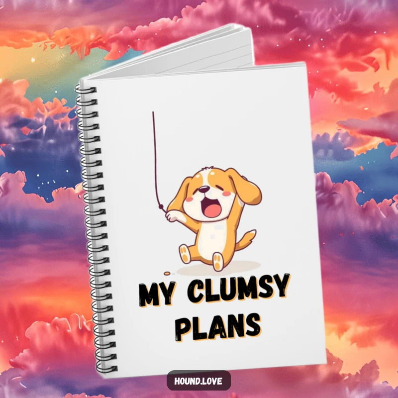 Notebook cover featuring a funny hound dog comically falling while reaching for a dangling string, perfect for jotting down humorous thoughts.