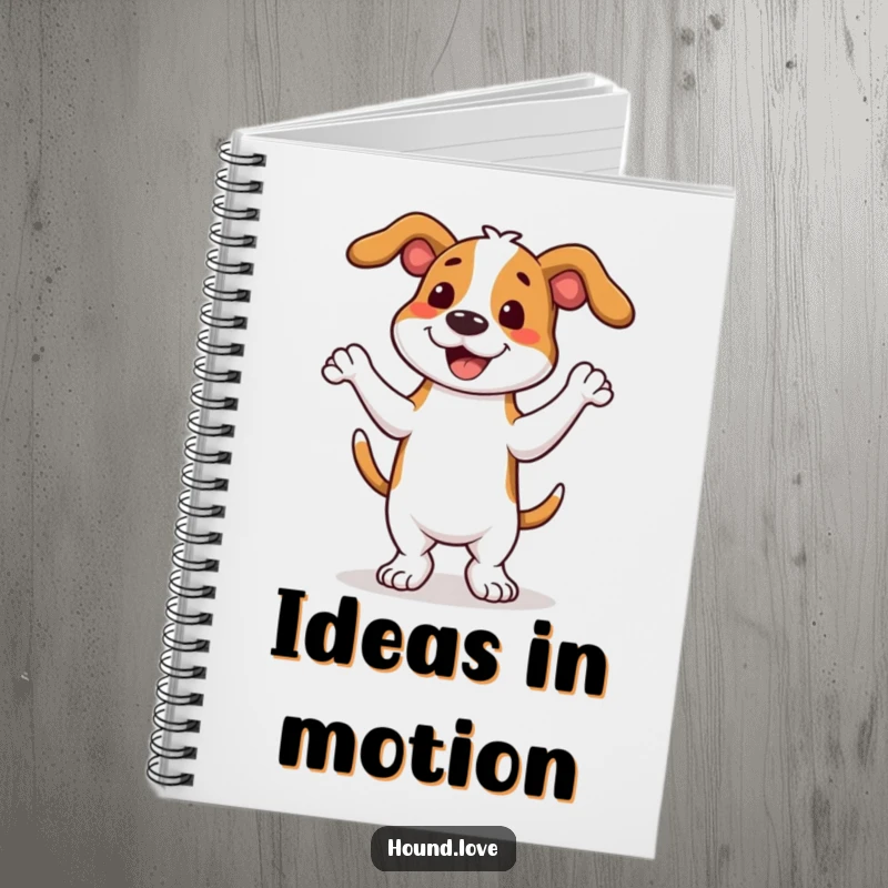 Notebook cover featuring a funny hound dog performing an energetic wiggle dance, ideal for jotting down joyful thoughts.