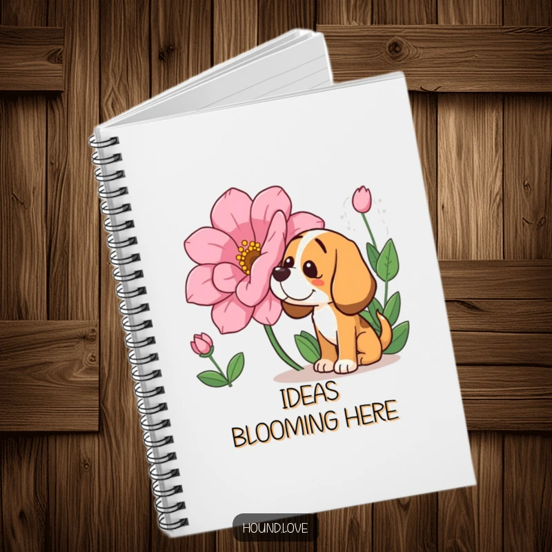 Funny Notebook: A happy hound character curiously sniffing a large, beautiful flower, a sweet and funny image for journaling and creative pursuits.