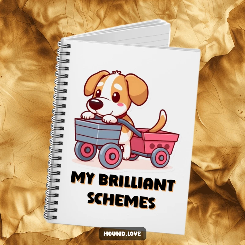 Funny notebook featuring a determined hound character pulling a toy cart, ideal for jotting down notes and humorous thoughts.