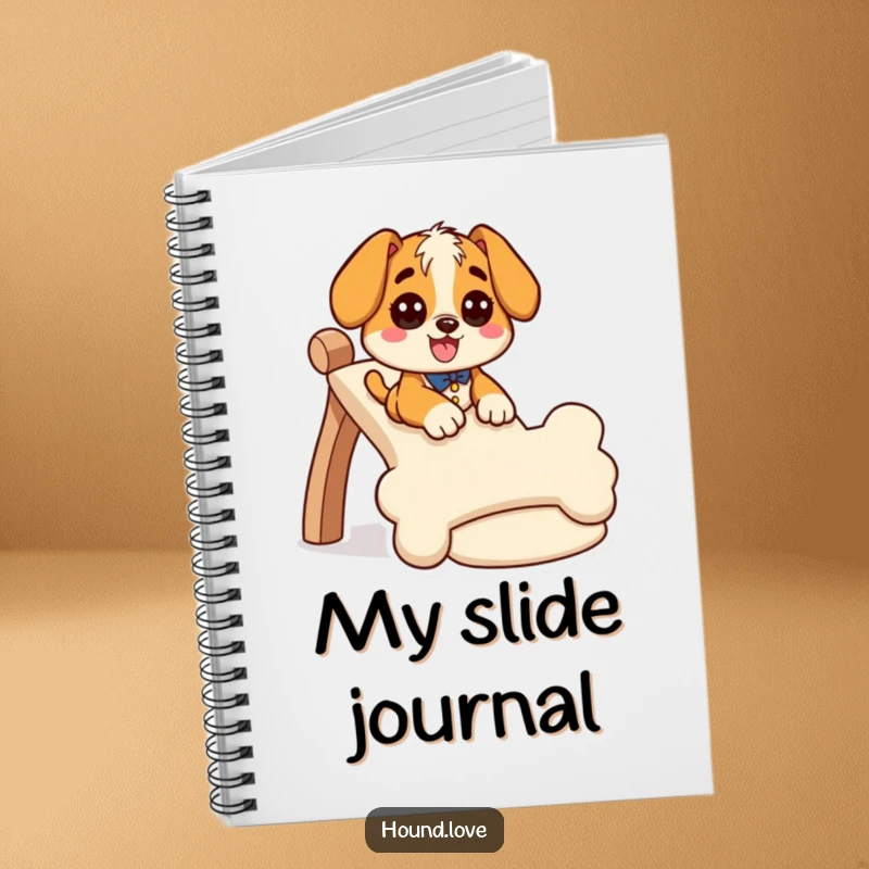 Funny hound notebook with a giddy dog character sliding down a massive bone-shaped slide, ideal for humorous journaling.