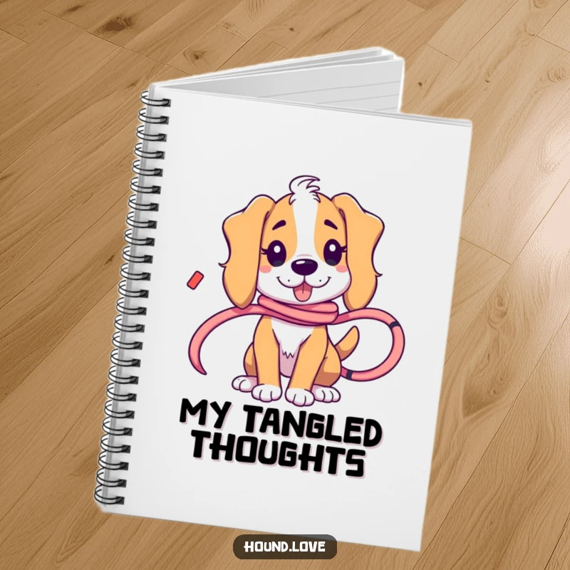 Funny hound character playfully tangled in a ribbon, making this notebook cover both humorous and charming.