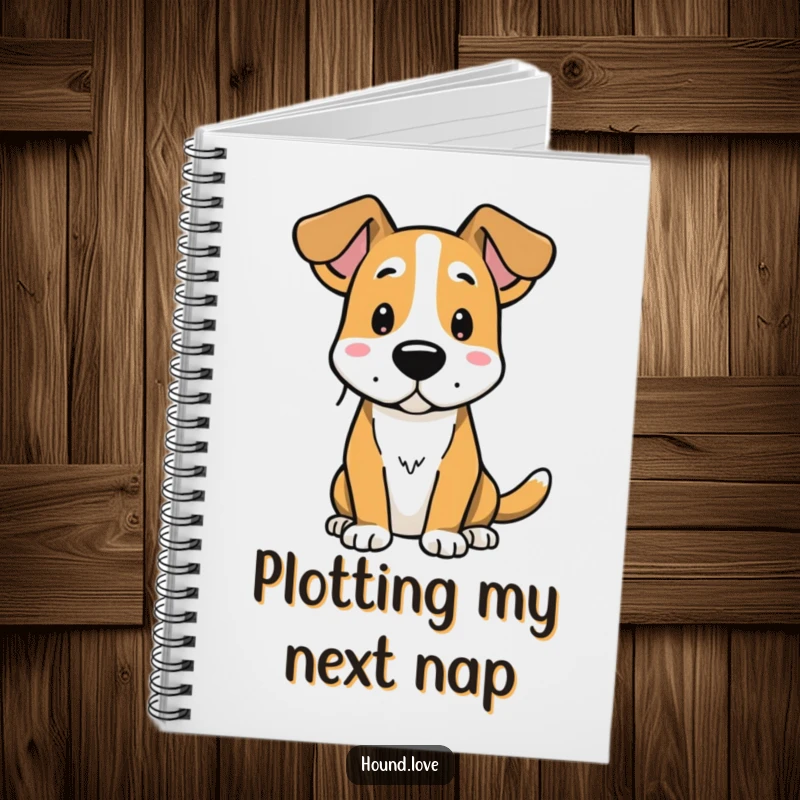 Funny notebook with a hound dog character featuring alert ears, ideal for jotting down notes and humorous thoughts.