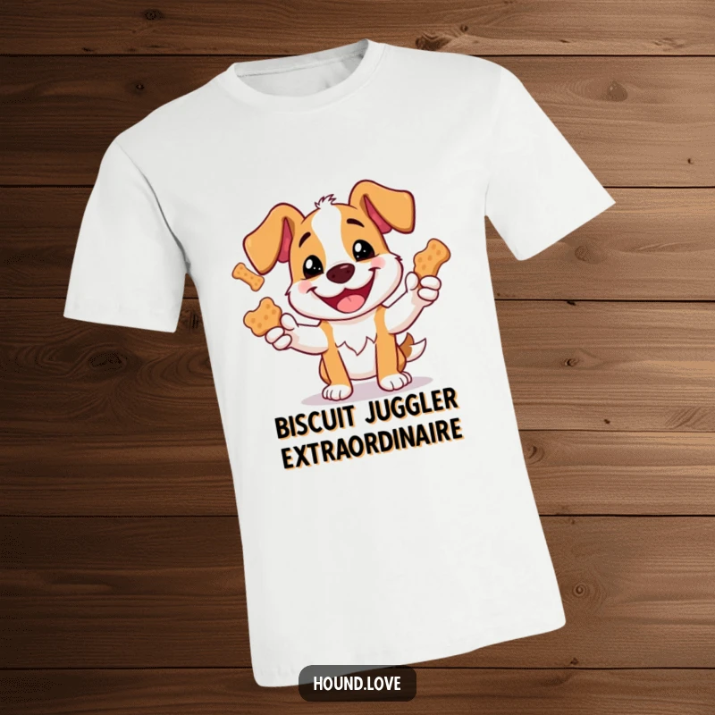Funny t-shirt print of a joyful dog with an eager grin juggling oversized dog biscuits, ideal for dog lovers.