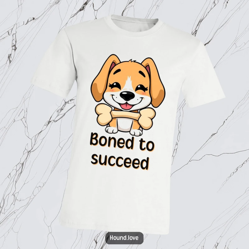 Funny t-shirt displaying a happy hound with a wide, silly grin, precariously balancing a bone on its nose, full of playful humor.