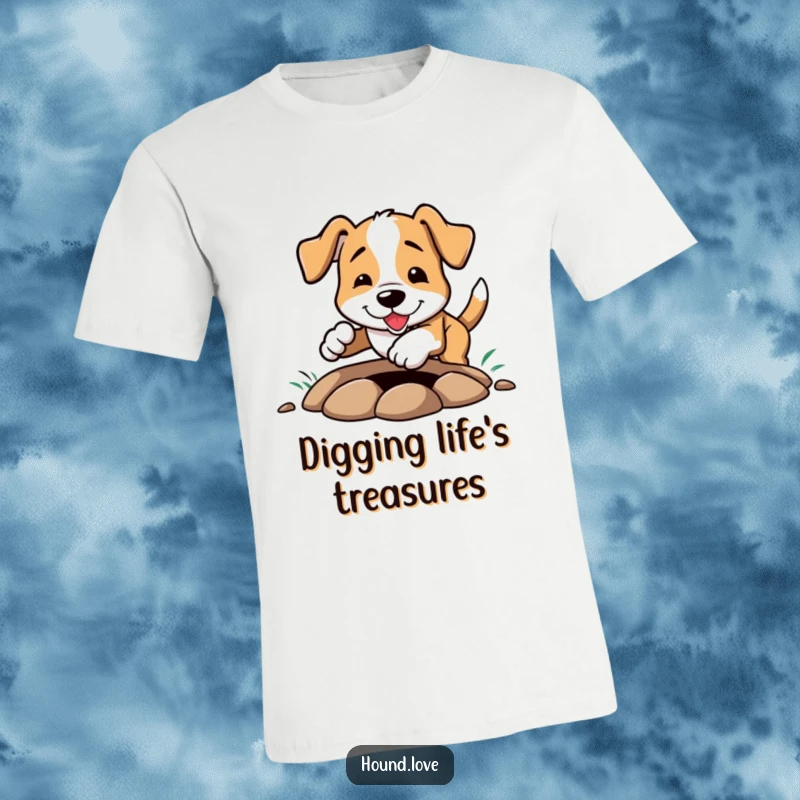 Funny T-Shirt: Energetic hound character joyfully digging a large hole, dirt flying, showcasing a passionate and funny canine hobby.