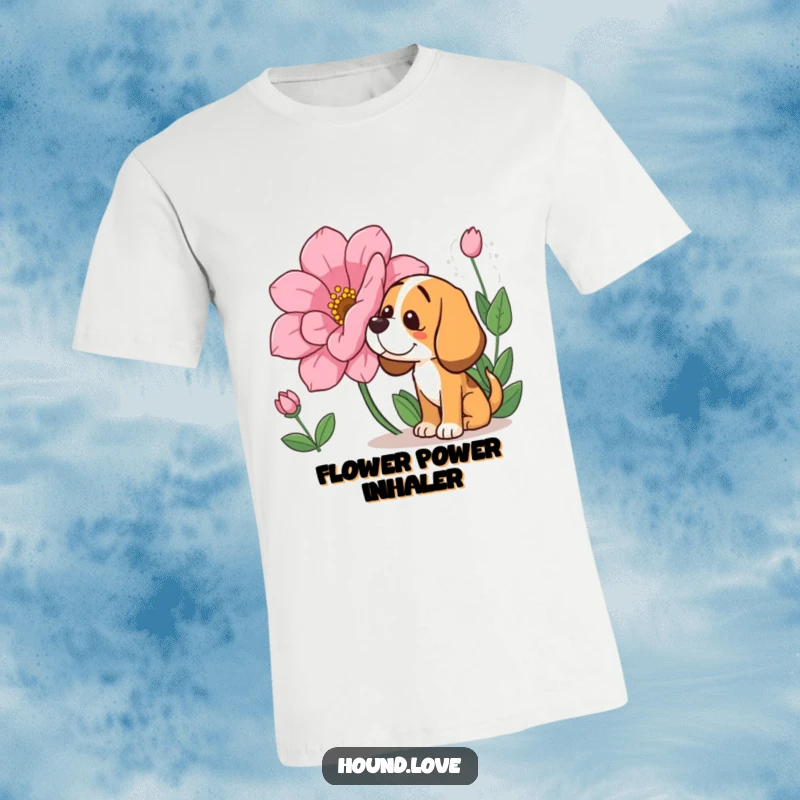 Funny T-Shirt: A happy hound character curiously sniffing a huge, colorful flower with a look of pure bliss, embodying gentle humor.