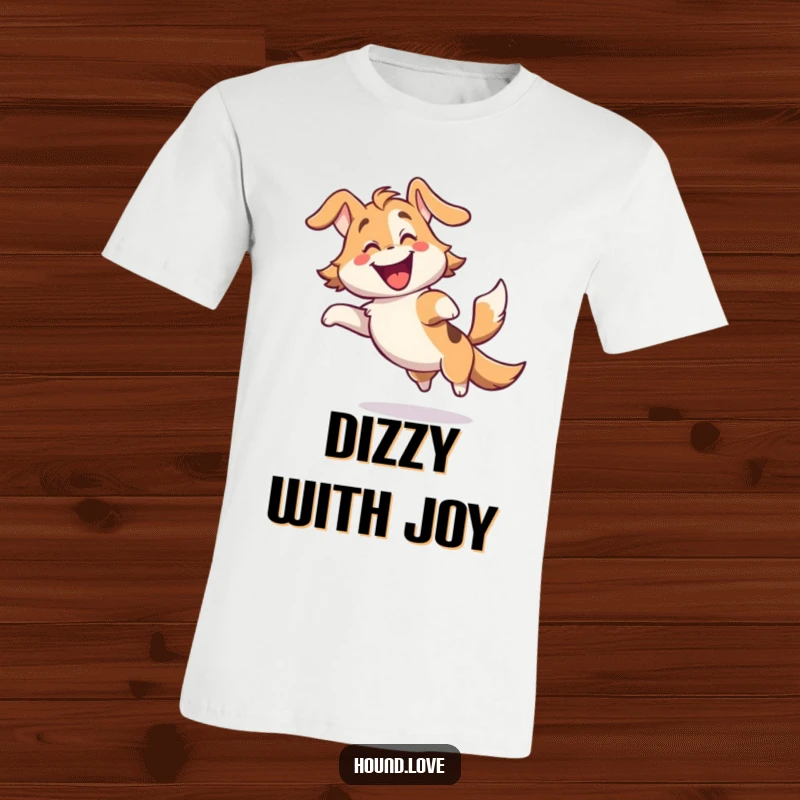 Funny t-shirt featuring a gleeful hound character in a delightful spin with its tail wagging furiously, perfect for happy souls.