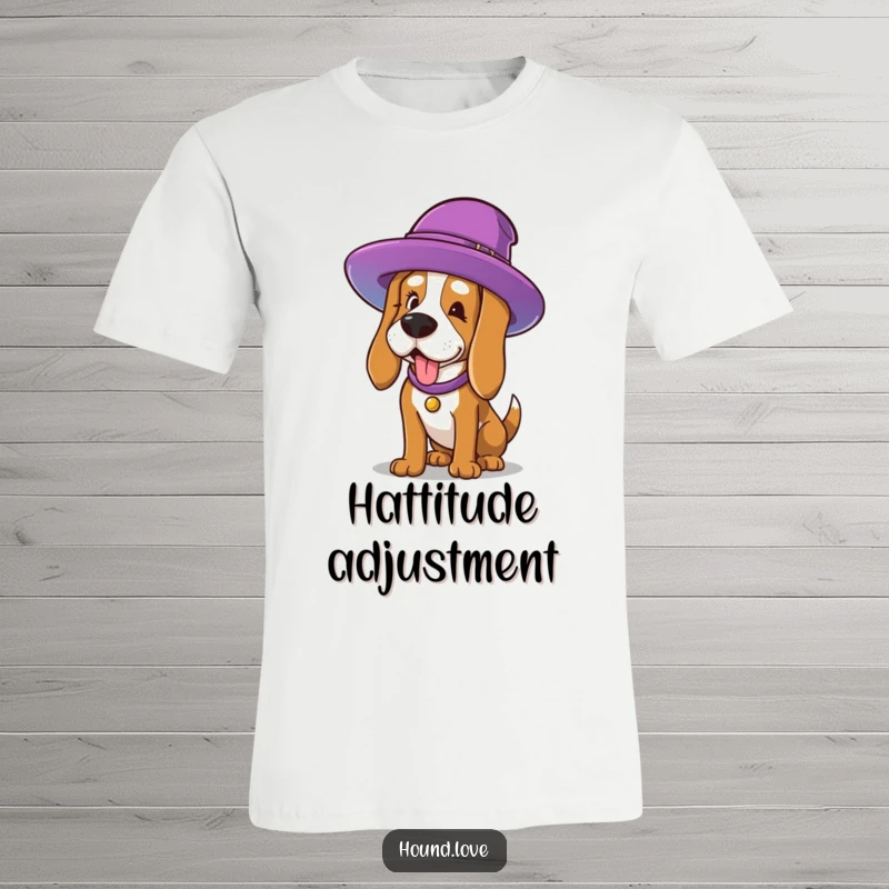 Funny T-Shirt: A dog character hilariously struggling to fit into a ridiculously large, colorful hat, embodying a funny and relatable fashion challenge.