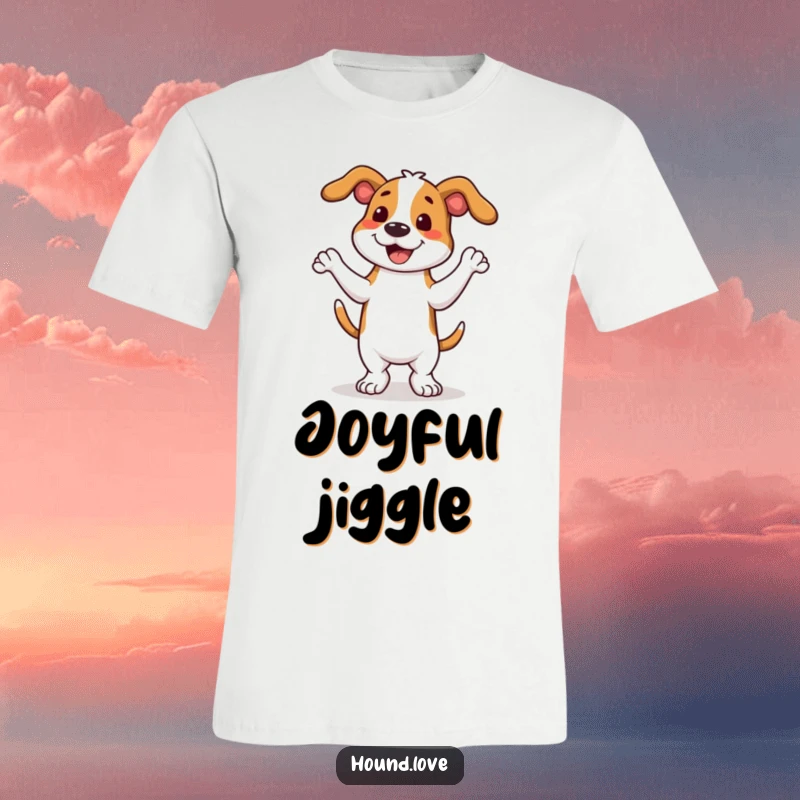 Funny, energetic hound dog in mid-wiggle dance on a t-shirt, capturing a moment of pure, uninhibited canine glee.