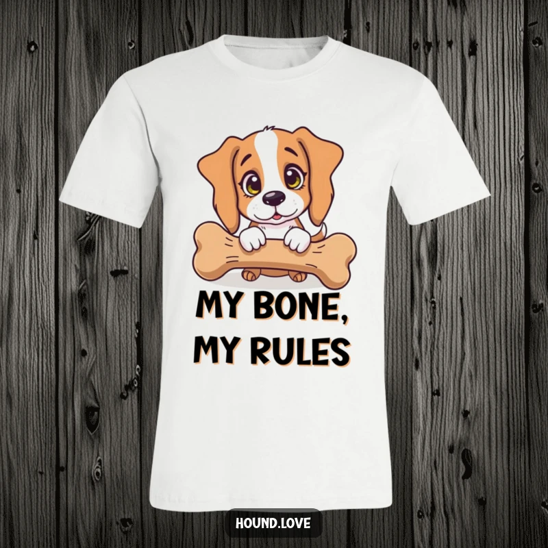 Funny T-Shirt: A cute hound dog with wide, innocent eyes playfully nudging a comically large bone, full of happy anticipation.