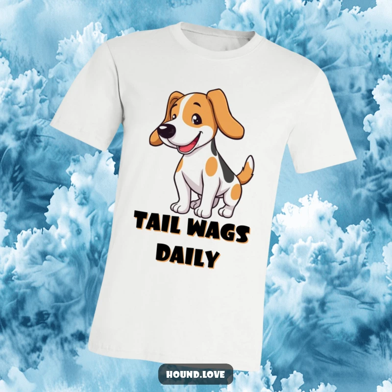 Funny hound dog t-shirt illustrating a happy dog wagging its tail with glee. Humorous apparel for canine admirers.