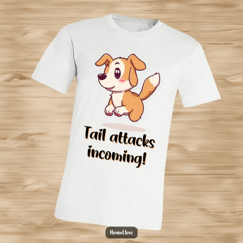 Funny hound t-shirt depicting a dog character leaping back in surprise from its own vigorously wagging tail, full of comedic energy.