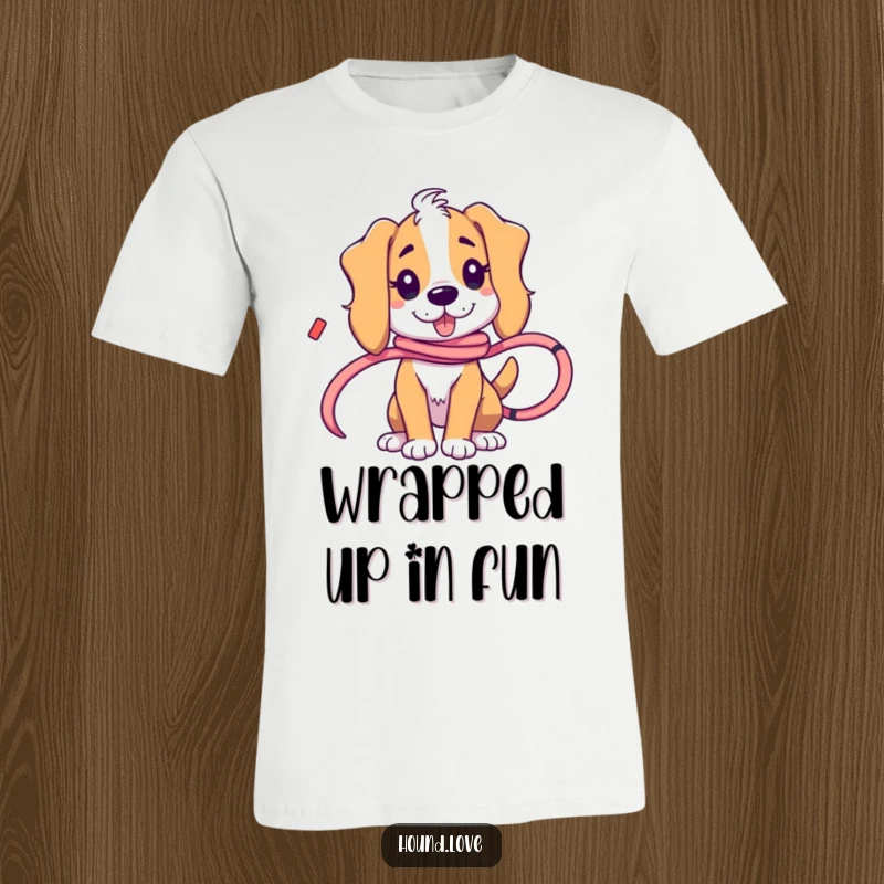 Funny hound character playfully entangled in a flowing ribbon, creating a humorous and charming scene on this t-shirt.