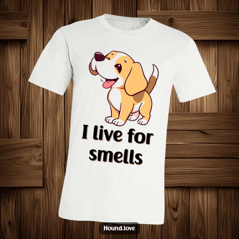 Funny Hound T-Shirt: Joyful hound with floppy ears and wagging tail sniffing the air, a humorous depiction.