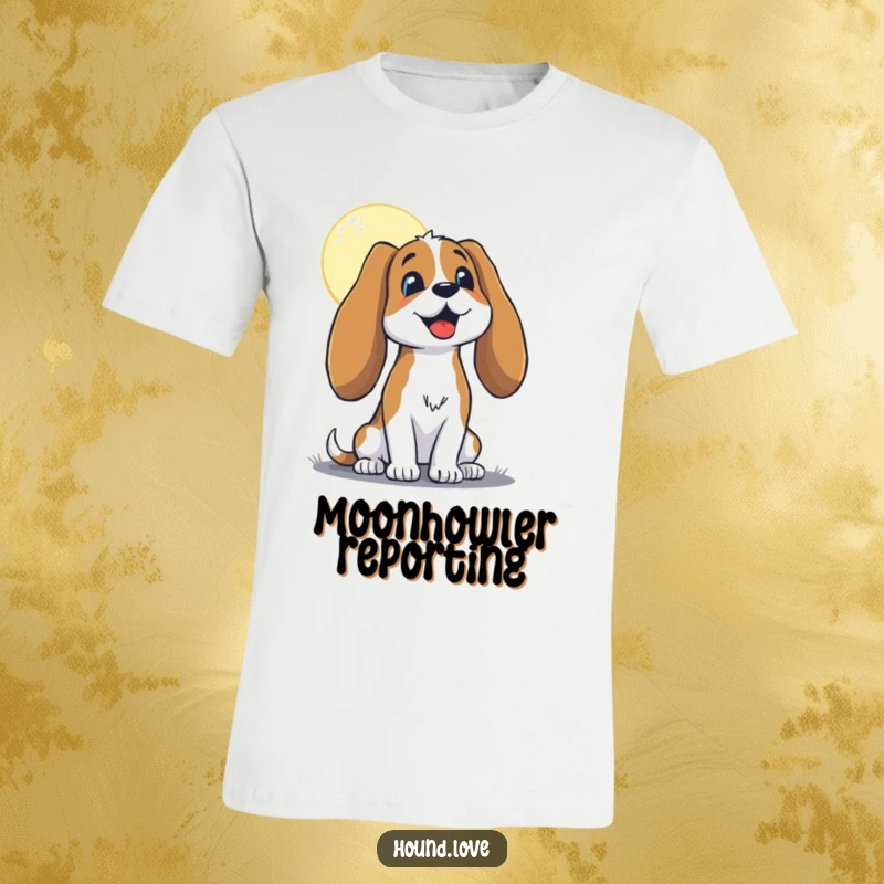 Funny hound with long, floppy ears, howling joyfully at the moon on a t-shirt, perfect for dog enthusiasts and humor lovers.