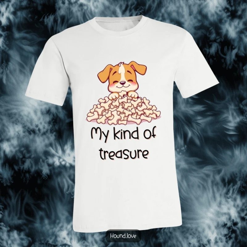 Funny hound t-shirt showing a happy dog character with its nose buried deep in a comically large pile of bones, pure bliss.