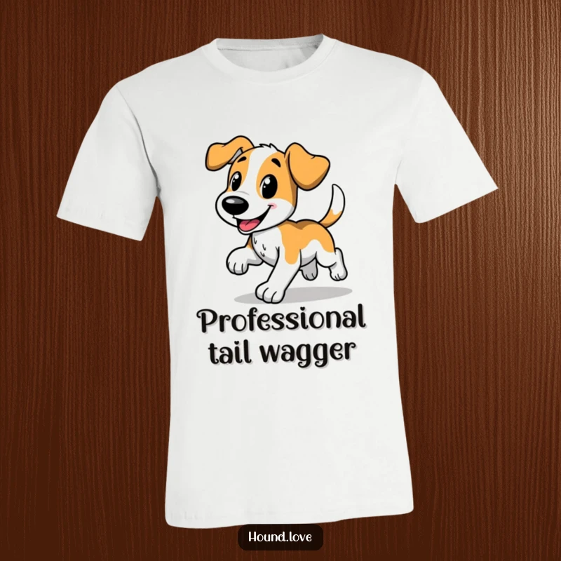 Funny T-shirt with a happy hound dog in a comical trot, tail wagging, conveying pure joy and playful energy, unisex graphic tee.