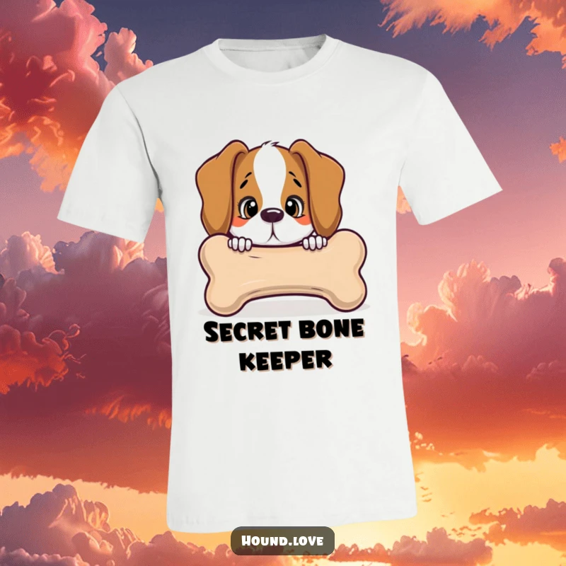 Funny hound peeking with curiosity from behind a giant, talking bone on a t-shirt, perfect for playful individuals and dog fans.
